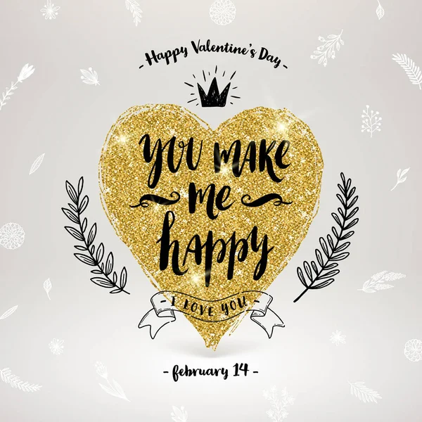 Dia dos Namorados mão caligrafia desenhada, elementos doodle e brilho coração de ouro. Ilustração vetorial . —  Vetores de Stock