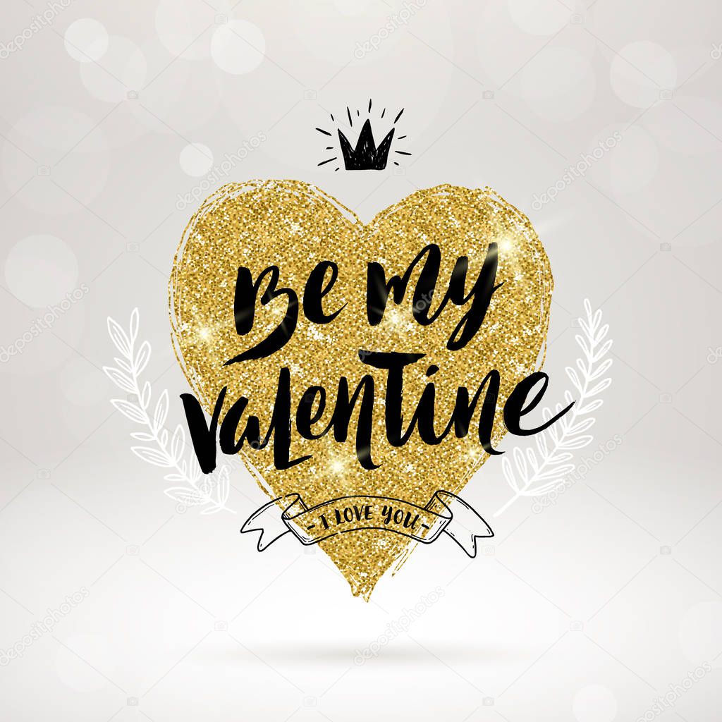 Valentine's day hand drawn calligraphy, doodle elements and glitter gold heart. Vector illustration.