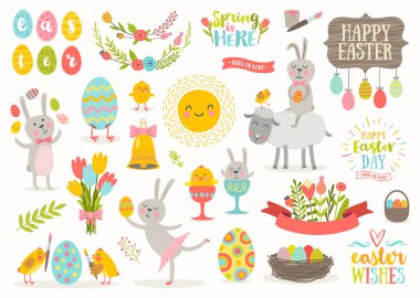 Set of cute Easter cartoon characters and design elements. Easter bunny, chickens, eggs and flowers. Vector illustration. clipart