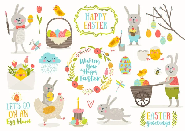 Set of cute Easter cartoon characters and design elements. Easter bunny, chickens, eggs and flowers. Vector illustration. — Stock Vector