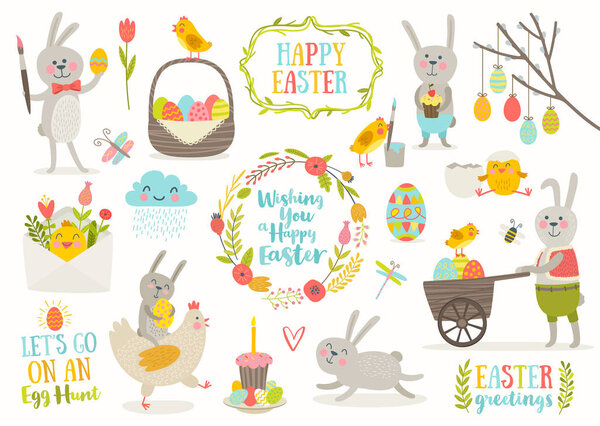 Set of cute Easter cartoon characters and design elements. Easter bunny, chickens, eggs and flowers. Vector illustration.