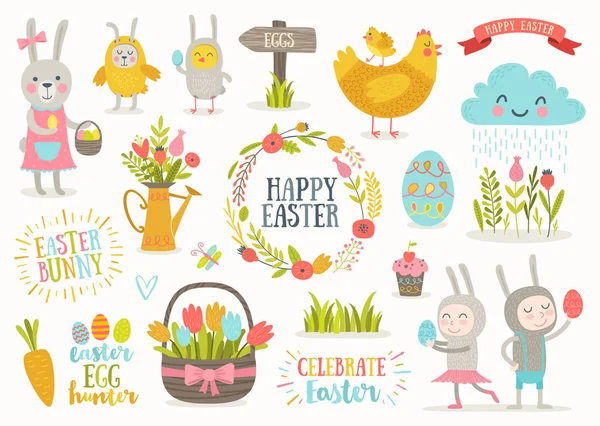Verzameling leuke Easter stripfiguren en ontwerpelementen. Paashaas, kippen, eieren en bloemen. Vectorillustratie. — Stockvector