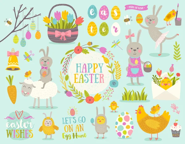 Uppsättning av söt påsk seriefigurer och designelement. Påskharen, kycklingar, ägg och blommor. Vektorillustration. — Stock vektor