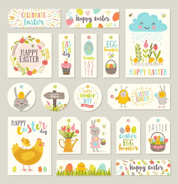 集的复活节礼物标签和标签与可爱的卡通人物以及类型设计。复活节兔子、 鸡、 鸡蛋和鲜花问候。矢量图. — 图库矢量图片