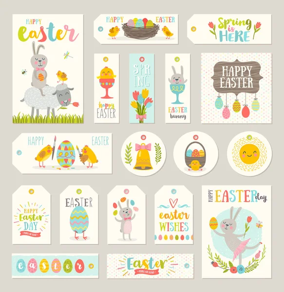 Set of Easter gift tags and labels with cute cartoon characters and type design . Easter greetings with bunny, chickens, eggs and flowers. Vector illustration. — Stock Vector