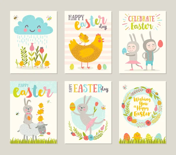 Набор пасхальных открыток с мультяшными персонажами, цветами, курами и яйцами. Векторная иллюстрация . — стоковый вектор