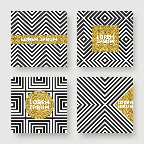 Conjunto de diseño vectorial abstracto, banner de oro brillante sobre un fondo geométrico a rayas en blanco y negro. Diseño para invitación, tarjeta de felicitación, portada o folleto — Archivo Imágenes Vectoriales