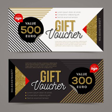 Gift voucher template with glitter gold elements. Vector illustration. Design for invitation, certificate, gift coupon, ticket, voucher, diploma etc.