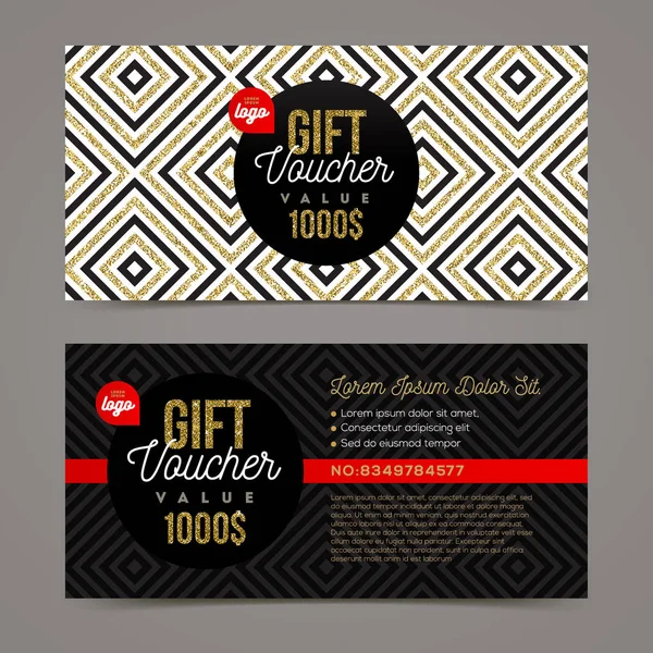 Gift voucher template with glitter gold elements. Vector illustration. Design for invitation, certificate, gift coupon, ticket, voucher, diploma etc. — Stock Vector