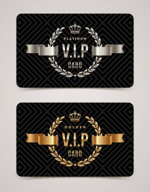 VIP altın ve platin kart - tipi tasarım taç, defne çelengi ve şerit üzerinde siyah desen arka plan ile. Vektör çizim.