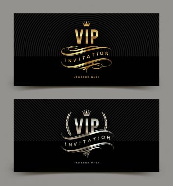 Altın ve platin VIP davet şablonu - tip tasarım taç, defne çelengi ve flourishes siyah desen arka plan üzerinde. Vektör çizim.