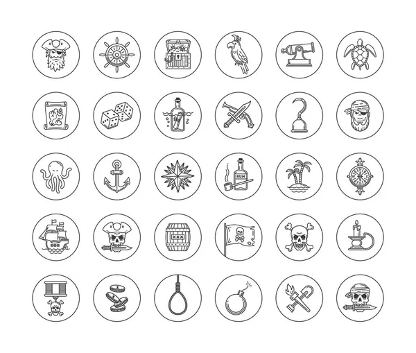 Pirate vector set - line drawn different objects, items, signs and symbols — Stock Vector