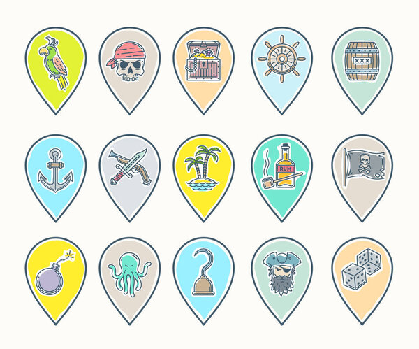 Пиратский набор векторов - вытянутые линии отображения булавок с различными объектами, предметами, знаками и символами
