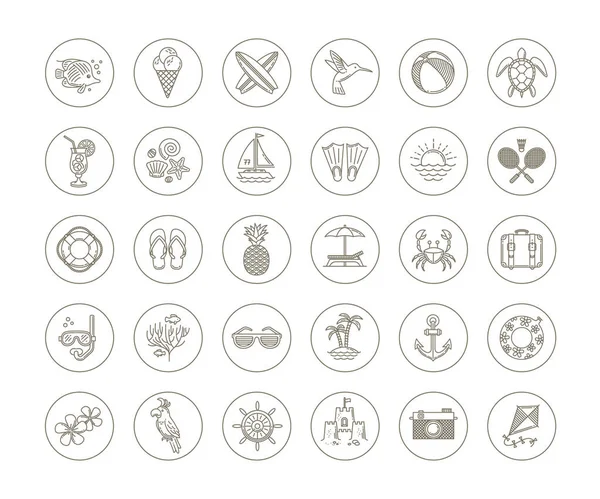 Linea disegno icone vettoriali - Vacanze estive, vacanze e oggetti di viaggio, oggetti, segni e simboli — Vettoriale Stock