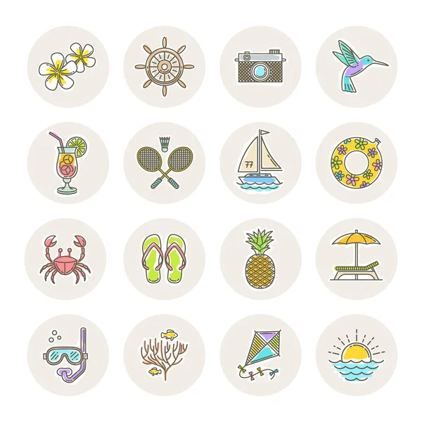Iconos vectoriales de dibujo de línea - Vacaciones de verano, vacaciones y objetos de viaje, artículos, signos y símbolos — Archivo Imágenes Vectoriales