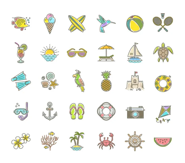 Iconos vectoriales de dibujo de línea - Vacaciones de verano, vacaciones y objetos de viaje, artículos, signos y símbolos — Archivo Imágenes Vectoriales