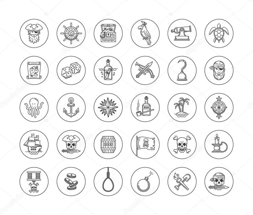 Pirate vector set - line drawn different objects, items, signs and symbols