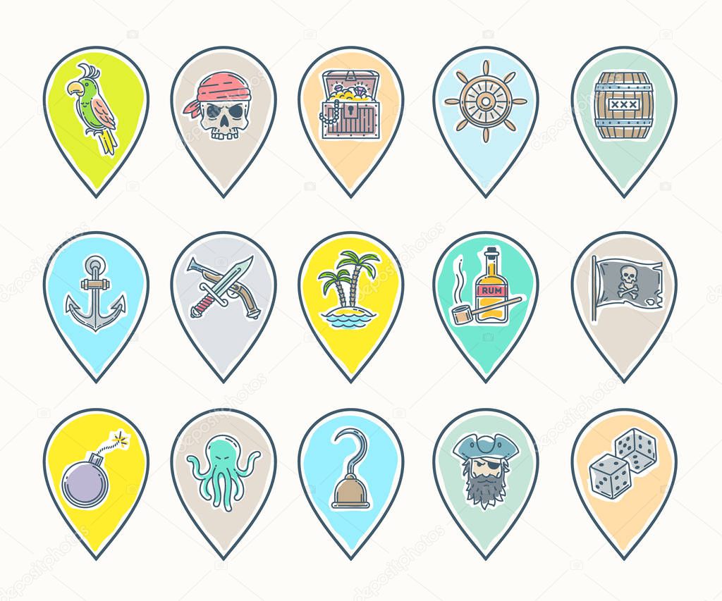 Pirate vector set - line drawn map pins with different objects, items, signs and symbols