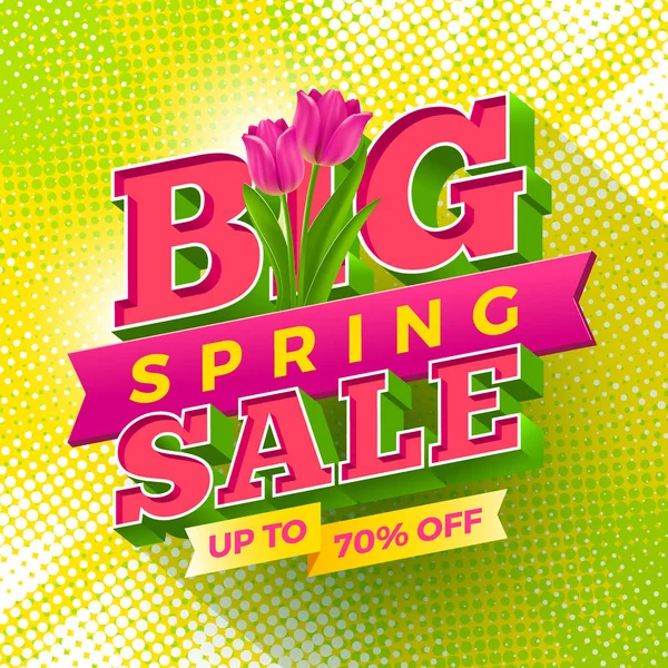 Spring sale sign with tulips flowers on a halftone background. Vector illustration. — Stock Vector