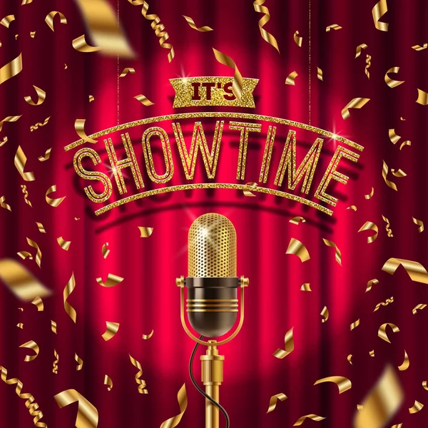 "It's Showtime "Złoty szyld i retro mikrofon na scenie w reflektorze na tle czerwonej kurtyny i Złotego konfetti. Ilustracja wektorowa. — Wektor stockowy