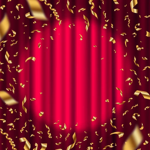 Gouden confetti en spotlight op een rood gordijn. Vectorillustratie. — Stockvector