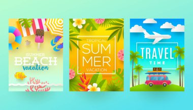 Yaz tatil ve tatil tropikal posterler veya tebrik kartı kümesidir. Vektör düz tasarımı.