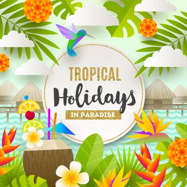 Düz vektör tasarımı. Tropikal tatil ve plaj tatil illüstrasyon.