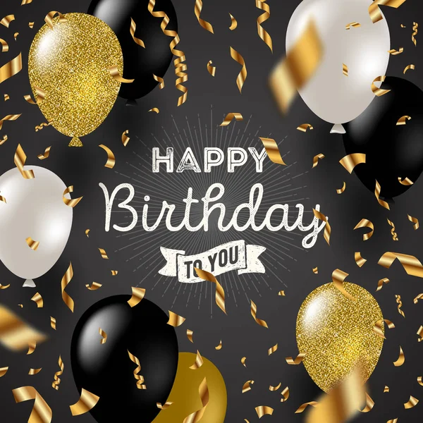 Szczęśliwy urodziny wektor ilustracja - złotym konfetti i czarny, biały i brokat złoty balony. — Wektor stockowy