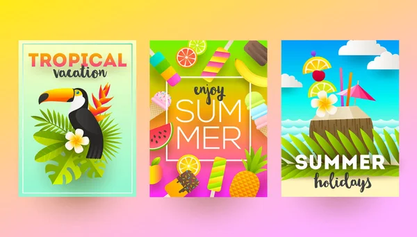 Set zomervakantie en tropische vakantie posters of wenskaart. Vector plat ontwerp. — Stockvector