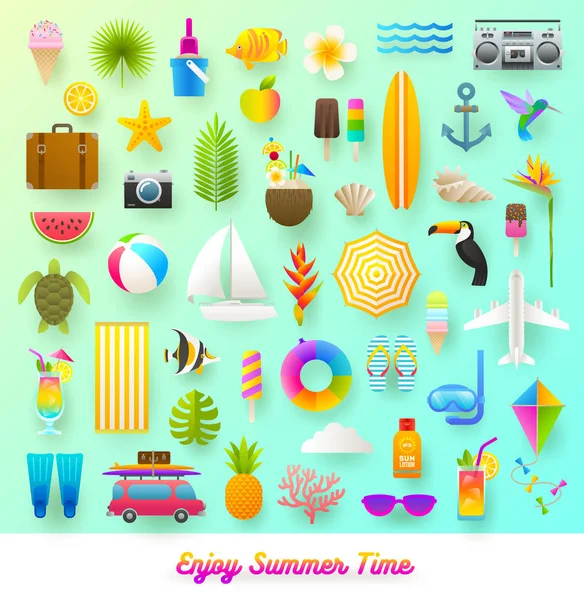 Instellen van de zomervakantie en reizen van items. Platte vectorillustratie. — Stockvector