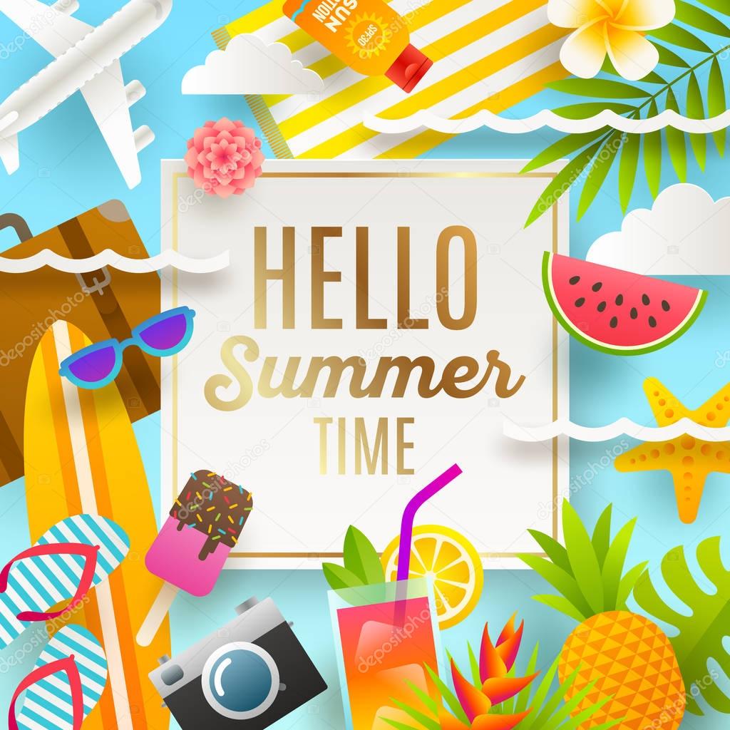 Flat design vector illustration. Summer holidays and beach vacation things and items.