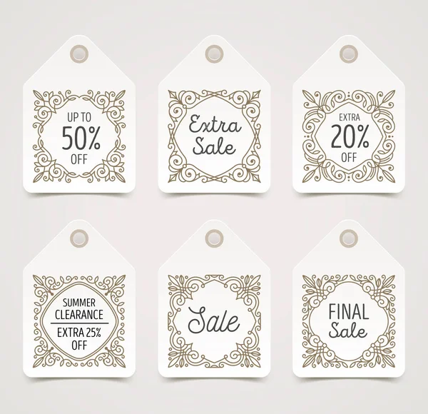 Set of flourishes pattern decorated sale tags or labels. Vector illustration. — Stock Vector