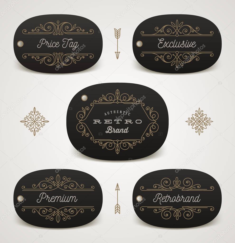 Set of price tag or brand label with flourishes decor. Vector illustration.