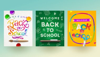 Okula dönüş - set vektör farklı stil tebrik kartı, el ilanı veya poster.
