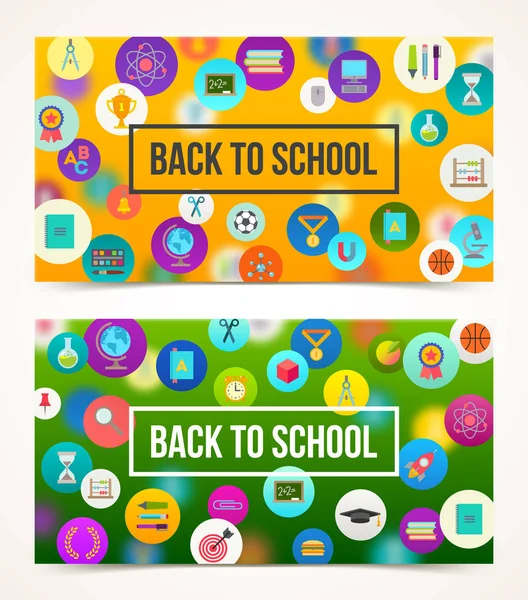 Bienvenido de nuevo a la escuela - dos pancartas con saludo en un fondo con objetos e iconos de suministros escolares — Vector de stock