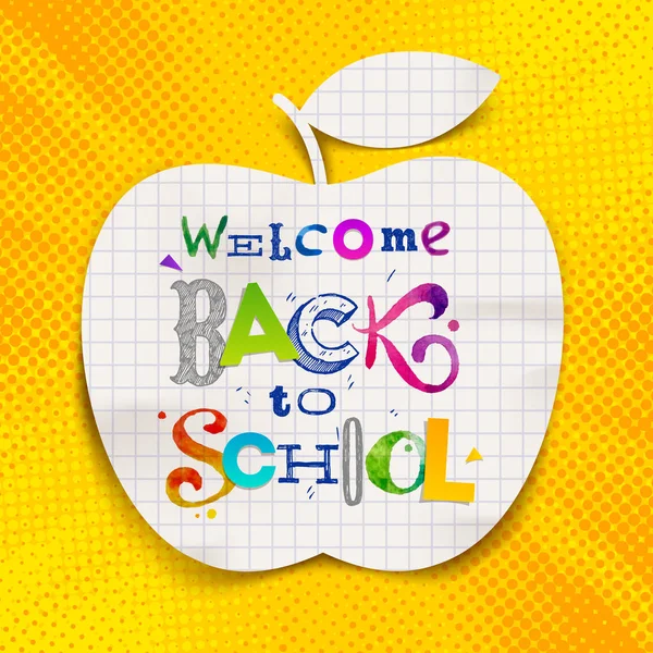 Zurück in die Schule - bunter Gruß. Schriftzug-Skizzencollage auf einer Papiersilhouette von Apfel. Vektorillustration. — Stockvektor