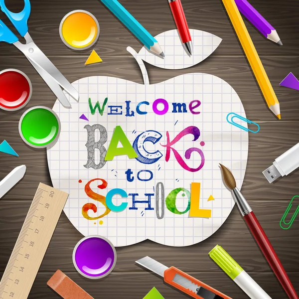 Back to School - multicolored greeting. Lettering sketch collage on a paper silhouette of apple, school items and supplies on wooden table surface. Vector illustration. — Stock Vector
