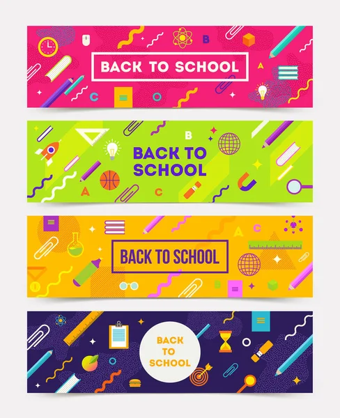 Vector set van horizontale banners - kleurrijke abstracte achtergronden met schoolobject en benodigdheden. — Stockvector