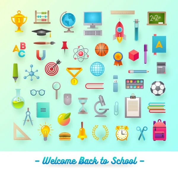 Set van school items, object, benodigdheden en accessoires - vectorillustratie. — Stockvector