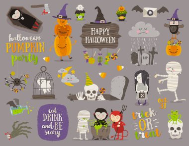 Set of halloween sign, symbol, objects, items and cartoon characters. Vector illustration. clipart