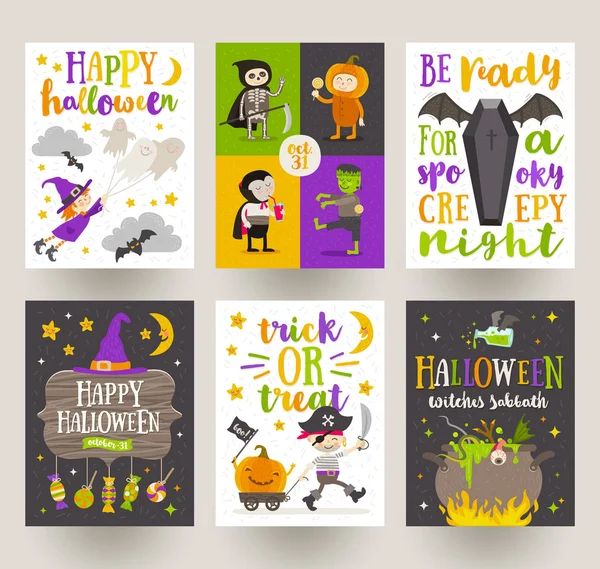Conjunto de carteles de Halloween o tarjeta de felicitación con personajes de dibujos animados, signo de vacaciones, símbolos y diseño de tipo. Ilustración vectorial . — Vector de stock