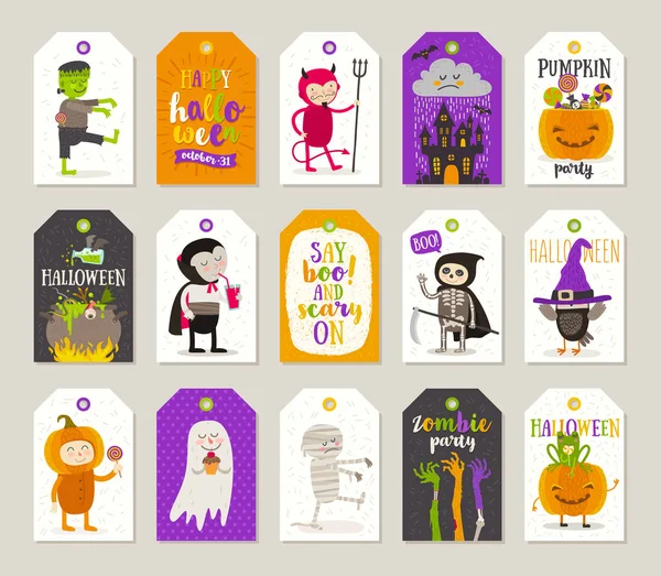 Set di etichette regalo di Halloween ed etichette con personaggi dei cartoni animati, saluti, segno di festa e simbolo. Illustrazione vettoriale . — Vettoriale Stock