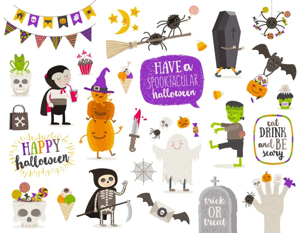 Set halloween teken, symbool, objecten, items en stripfiguren. Vectorillustratie. — Stockvector