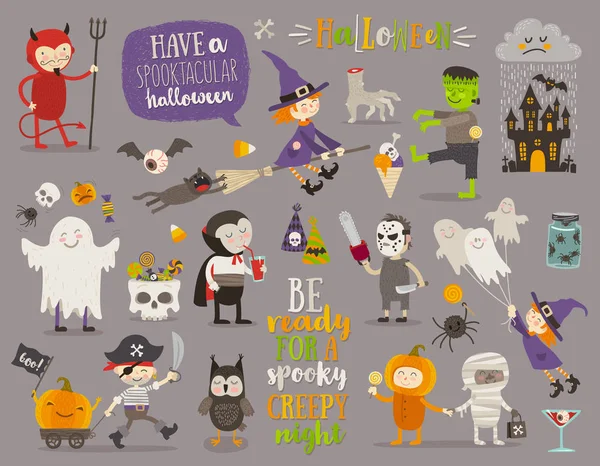 Set halloween teken, symbool, objecten, items en stripfiguren. Vectorillustratie. — Stockvector