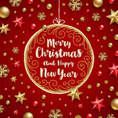 Noel vektör çizim - tatil tebrik bir örgü kırmızı arka plan üzerinde bir süslü çerçeve ve Noel dekorasyon