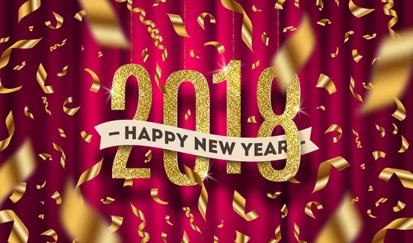 Feliz Año Nuevo 2018 ilustración vector de saludo. Números de oro brillo y confeti lámina de oro sobre un fondo de cortina roja . — Vector de stock