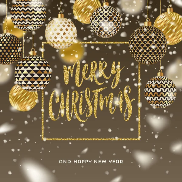 Christmas gratulationskort - Glitter guld ram med borste kalligrafi hälsning och utsmyckade julgranskulor under snöfall. — Stock vektor