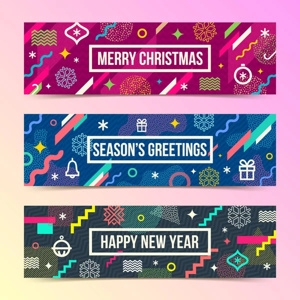 Conjunto vetorial de feriados abstratos banners de fundo com formas geométricas multicoloridas, sinais e símbolos de Natal e moldura com saudação . — Vetor de Stock