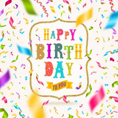 Altın Çerçeve ve çok renkli düşen konfeti ile mutlu doğum günü tebrik. Vecor Festival illüstrasyon.