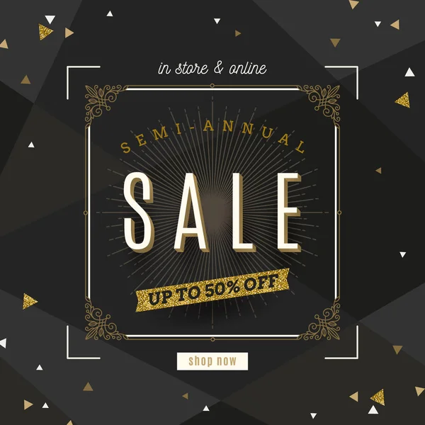 Retro style Sale banner with ornamental flourishes frame and glitter gold elements. Vector illustration. — Stock Vector